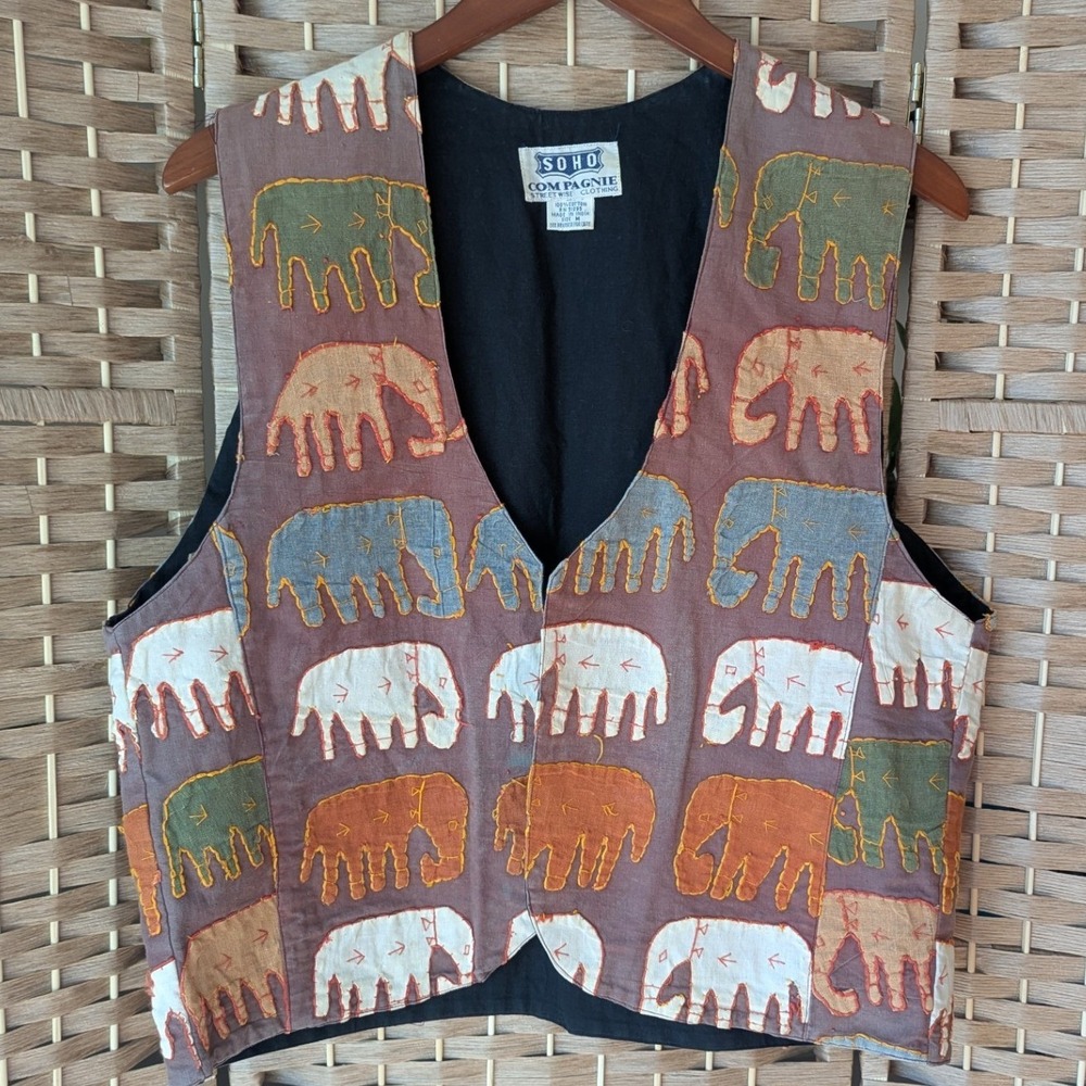 Vtg Soho Compagnie Elephant Print Embroidered Cotton Vest Mens Medium India